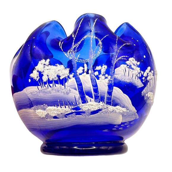 Vintage Fenton Cobalt Blue Rose Bowl hand Painted Signed Snow Winter Scene - Picture 2 of 13